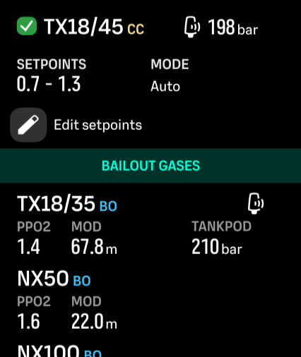 Schermata di gestione gas CCR e bailout su Suunto Nautic con setpoint e pressione bombole